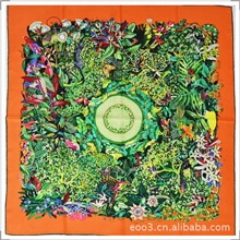 XW41斜纹真丝手工反卷缎面H家全套丛林橘色款90大方巾设计定制