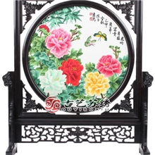 古艺苏绣紫檀木双面绣摆件牡丹花好月圆苏州刺绣特色婚庆礼品