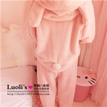 超可爱兔耳朵帽子PP后球球装饰舒棉绒睡衣/家居服套装