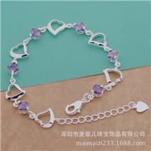韩版手饰手链批发925银饰时尚心扉紫晶手链生日礼物满100元混批