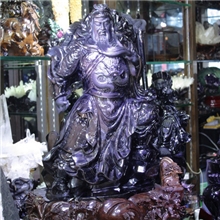 出售带彩七彩黑曜石雕刻关公摆件宝石工艺品最佳室内摆件