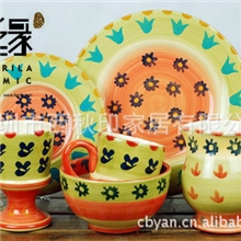 手绘陶瓷餐具套装，外贸陶瓷盘子，陶瓷彩绘杯子