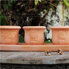 细质红陶盆/红陶花盆/花卉三联浮雕雕花带托盘扑白红陶盆栽