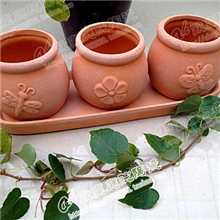 细质红陶盆/红陶花盆/花卉三联浮雕雕花带托盘扑白红陶盆栽2