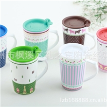 新骨瓷带把6款小清新田园花纹马克杯咖啡杯创意带盖水杯情侣水杯