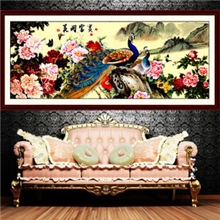 大格印花十字绣丝线新款客厅大画花开富贵孔雀批发丝线十字绣