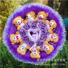 9只小熊+9朵仿真花玫瑰批发卡通花束情人节礼物生日礼物