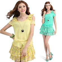 2013夏季新款雪纺圆领韩版修身拼接短袖夏装连衣裙子JY5023