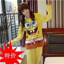 家居服批发普宁睡衣棉质长袖可爱卡通海绵宝宝睡衣女士家居服