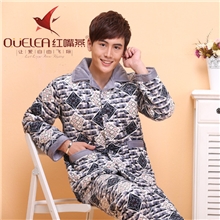 男士长袖法兰绒家居服套装情侣冬季三层超柔加厚夹棉睡衣一件代发