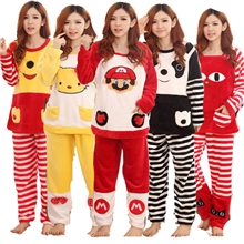 秋冬季水貂法兰绒睡衣可爱卡通小熊维尼玛丽女士长袖家居套装