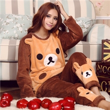 冬季法兰绒长袖家居服套装批发女士卡通可爱加厚轻松熊饼干熊睡衣