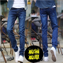 加绒加厚韩版牛仔裤修身潮男雪花裤子男士潮流紧身铅笔裤小脚裤