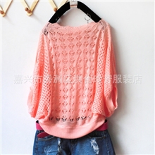 2013春装韩版女装新针织蝙蝠衫宽松蝙蝠袖镂空罩衫一字领
