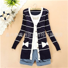 2013女装新款V领开衫针织衫韩版条纹修身中长款长袖女式条纹