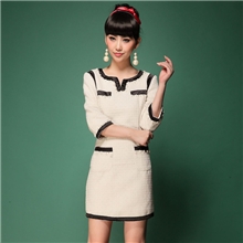 2013秋冬新款欧美精美女装小香风同款七分袖Y领钉珠提花连衣裙