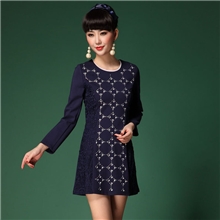 女装2013秋款欧美大牌名媛优雅复古水蓉镂空拼重工镶钻长袖连衣裙