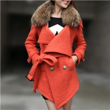 2013秋冬新款韩版双排扣中长款高仿貉子毛领羊毛呢子大衣外套女