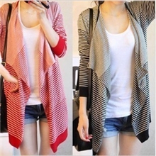 海军风宽松条纹不规则下摆长袖针织开衫中长宽松外套