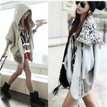 韩版蝙蝠豹纹大帽子抓绒开衫宽松卫衣外套