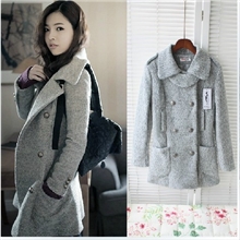 韩国partysu翻领毛呢长款修身双排扣羊毛呢大衣呢子外套