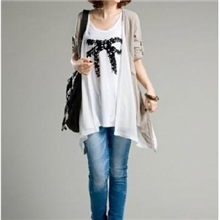 厂家直销韩版假两件套蝴蝶结T恤