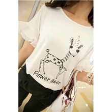 韩版仙女袖拼接小鹿纯棉T恤短袖新款夏装女装潮小衫