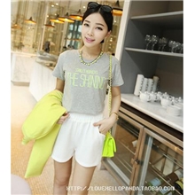 韩国荧光色字母棉质T恤(白色灰色)