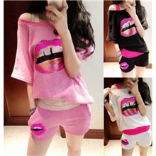 亮片大嘴唇休闲蝙蝠袖T恤短裤运动套装3色