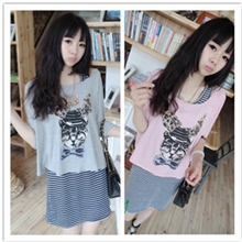 韩国风休闲旅游好必备兔子条纹连衣裙套