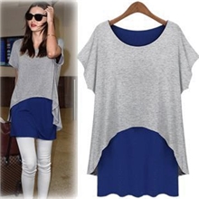批发品牌代理大码女装欧美风假两件不规则气质短袖全棉长款T恤
