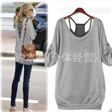 欧大码美女装批发春夏新款2件套长款圆领T恤加大码胖MM女式T恤