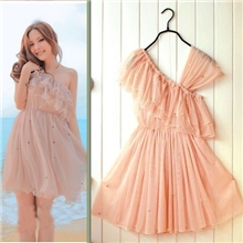 2012甜美公主斜肩大荷叶边珍珠网纱连衣裙蓬蓬裙批发