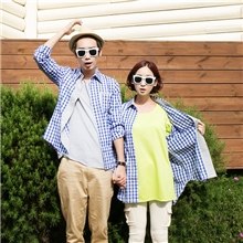 斯托克夫妇情侣装秋新款韩版宽松大码蓝色格子口袋情侣长袖衬衫