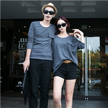 斯托克夫妇情侣装秋装新款韩版宽松大码休闲棉灰色长袖情侣T恤