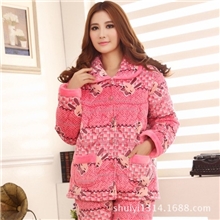 一件代发冬天睡衣女士珊瑚绒夹棉超柔睡衣加厚棉袄家居服