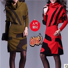 荐韩版女新款毛衣针织衫高领蝙蝠衫羊绒衫长款毛衣连衣裙批发