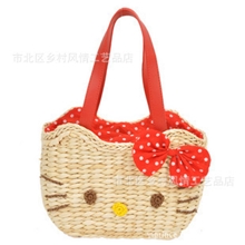 猫咪/hellokitty卡通猫草编包蝴蝶结手提单肩包女包给力厂家直销