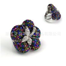 断码特价日韩欧美满钻花形食指戒七彩水钻夸张戒指外贸原单