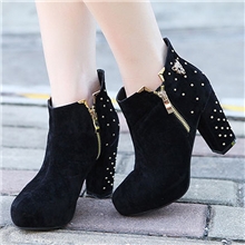 工厂批发甜美风百搭铆钉粗跟高跟短靴防水台双侧拉链女靴子