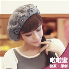 啦啦蜜厂家直销菁菁秀手工钉珠贝雷帽羊毛针织帽子秋冬女士帽子