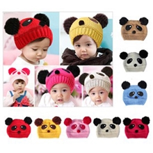 特价韩版熊猫帽宝宝婴儿童熊猫毛线帽子双球毛线帽秋冬帽B68
