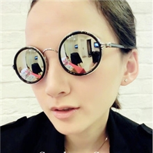 欧美时尚欧美可爱复古圆形框金属太阳眼镜反光水银镜面黑色墨镜