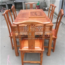 四抽雕刻功夫茶桌餐桌两用7件套椅中式仿古实木榆木家具批发