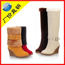 雪地靴女坡跟磨砂绒面高跟牛筋底保暖女鞋高筒女靴子两穿法翻免