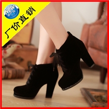 欧美时尚粗跟短靴厂家直销韩版磨砂绒面蕾丝系带低筒高跟女靴子