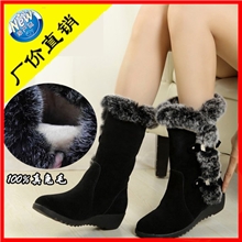 2013新款专柜正品女靴保暖仿真皮磨砂坡跟中跟兔毛雪地靴中筒靴