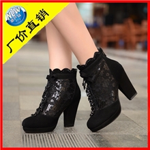 厂家直销秋冬款真皮低筒靴子批发专柜正品高跟粗跟蕾丝短靴女靴