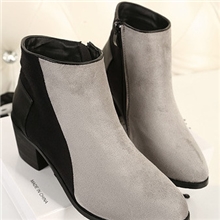 新款复古磨砂翻皮拼色粗高跟侧拉链马丁靴短靴女裸靴批发市场鞋子