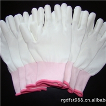 供应7寸粉红涤纶PU涂指劳保手套
